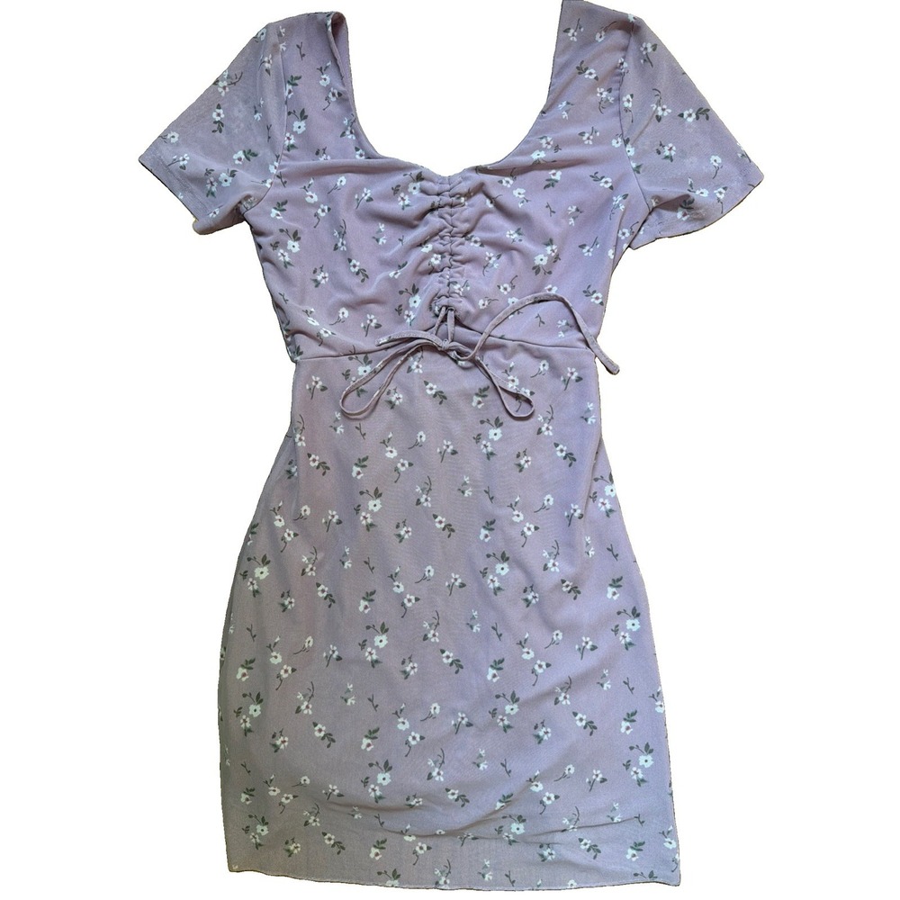 Hollister Floral Summer Mini Dress XS Lavender Tie Front Ruched Semi Sheer Boho - Picture 2 of 13
